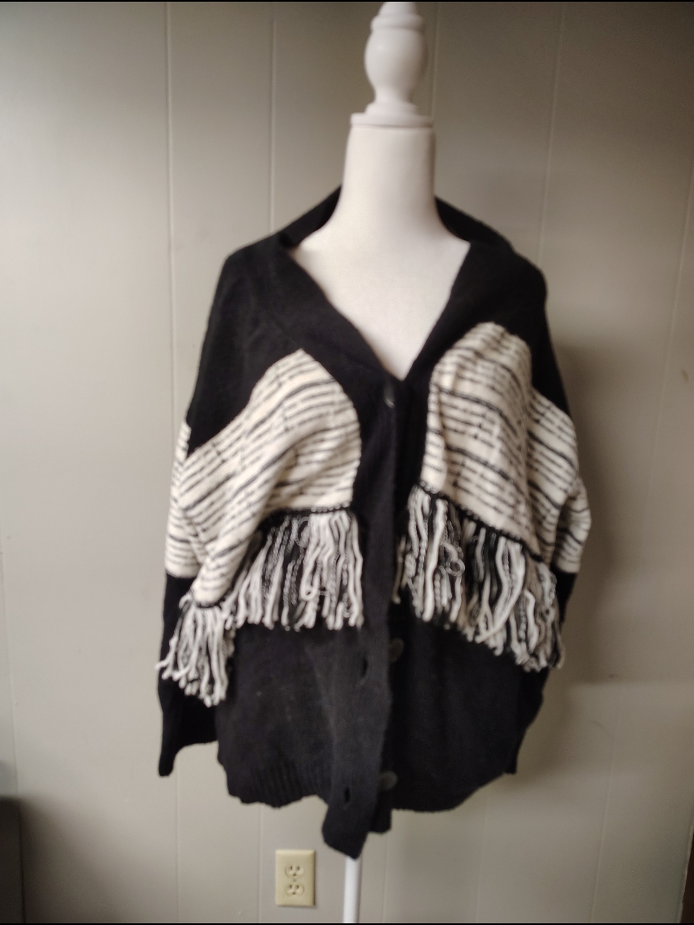 Peace Love World Black & Cream Fringe Button-Up Cardigan